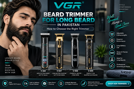 VGR beard trimmer for long beard in Pakistan featuring V-282, V-937, V-996 and V-995 with cutting lengths, battery life and grooming features