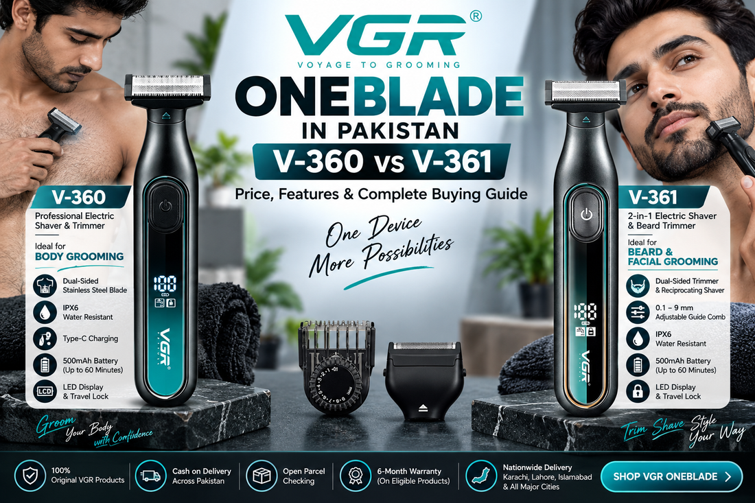 VGR OneBlade in Pakistan comparison featuring V-360 and V-361 electric shavers and trimmers, with features, battery life and grooming uses