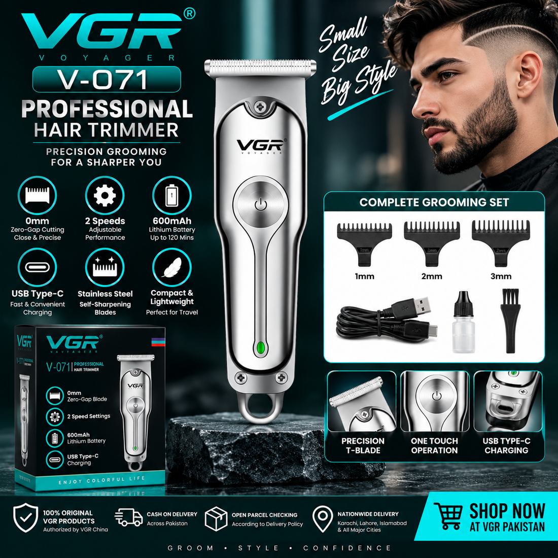 VGR V-071 0mm professional hair trimmer with zero-gap stainless-steel blade, 600mAh battery and three guide combs in Pakistan
