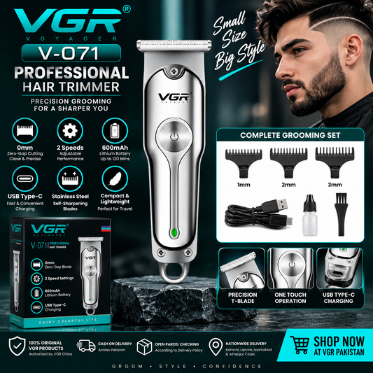 VGR V-071 0mm professional hair trimmer with zero-gap stainless-steel blade, 600mAh battery and three guide combs in Pakistan