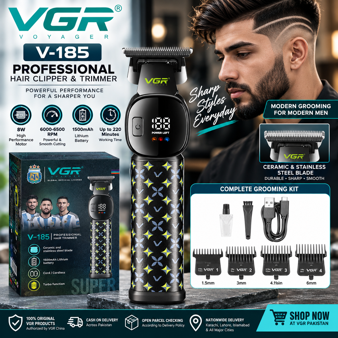 VGR V-185 professional hair clipper and trimmer with 1500mAh battery, 220-minute runtime and LCD display in Pakistan
