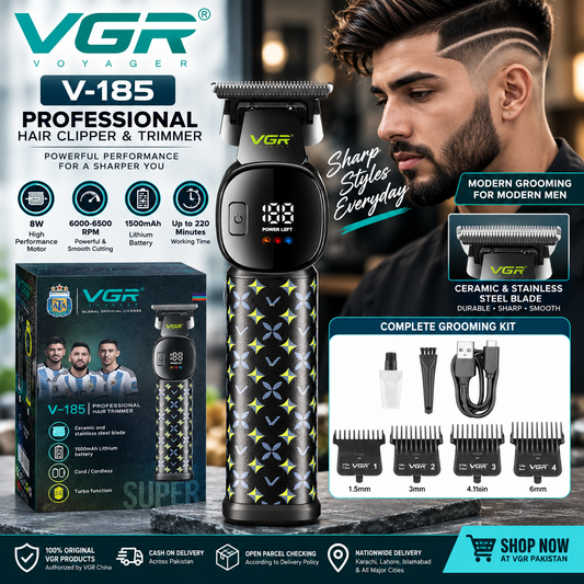 VGR V-185 professional hair clipper and trimmer with 1500mAh battery, 220-minute runtime and LCD display in Pakistan