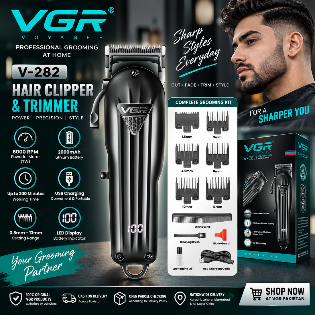 VGR V-282 professional hair clipper and trimmer with 2000mAh battery, 200-minute runtime and six guide combs in Pakistan