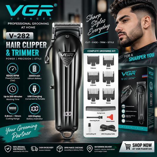 VGR V-282 professional hair clipper and trimmer with 2000mAh battery, 200-minute runtime and six guide combs in Pakistan