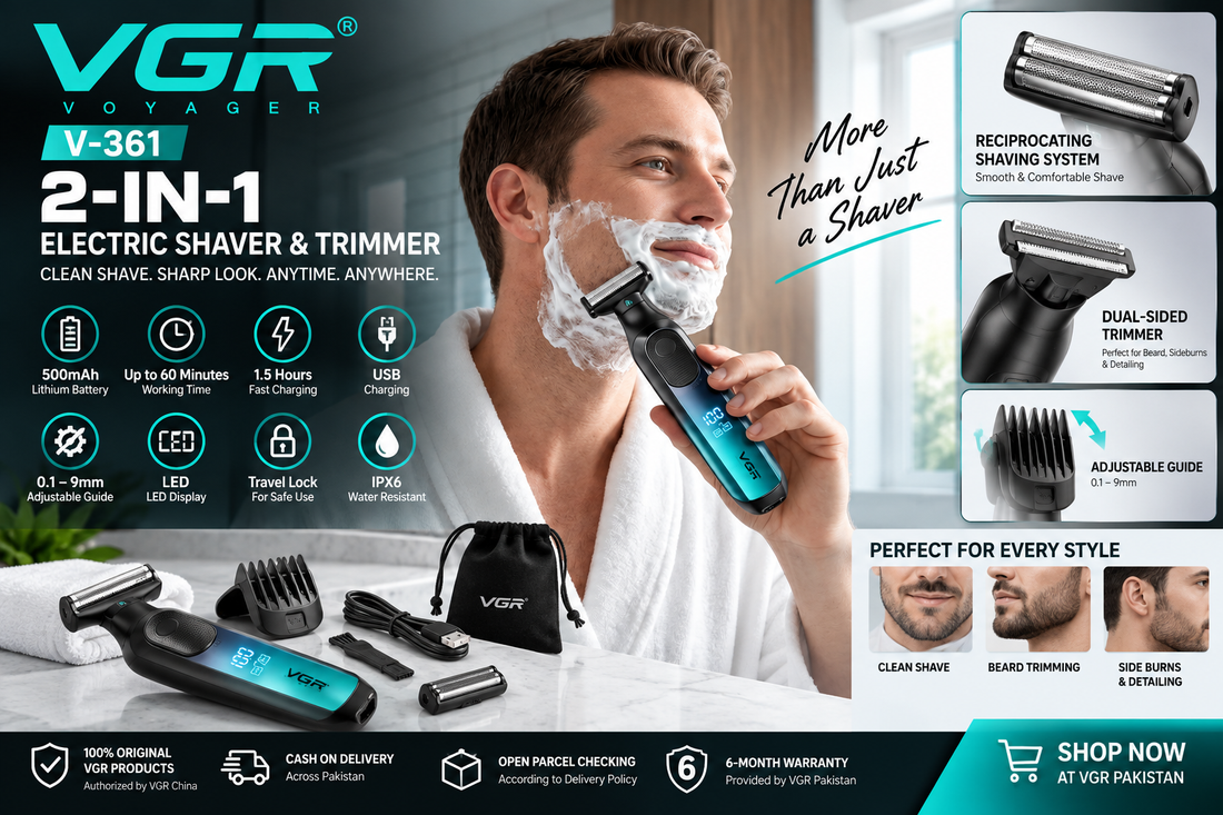 VGR V-361 2-in-1 electric shaver and beard trimmer with LED display, adjustable 0.1–9mm guide and USB charging in Pakistan
