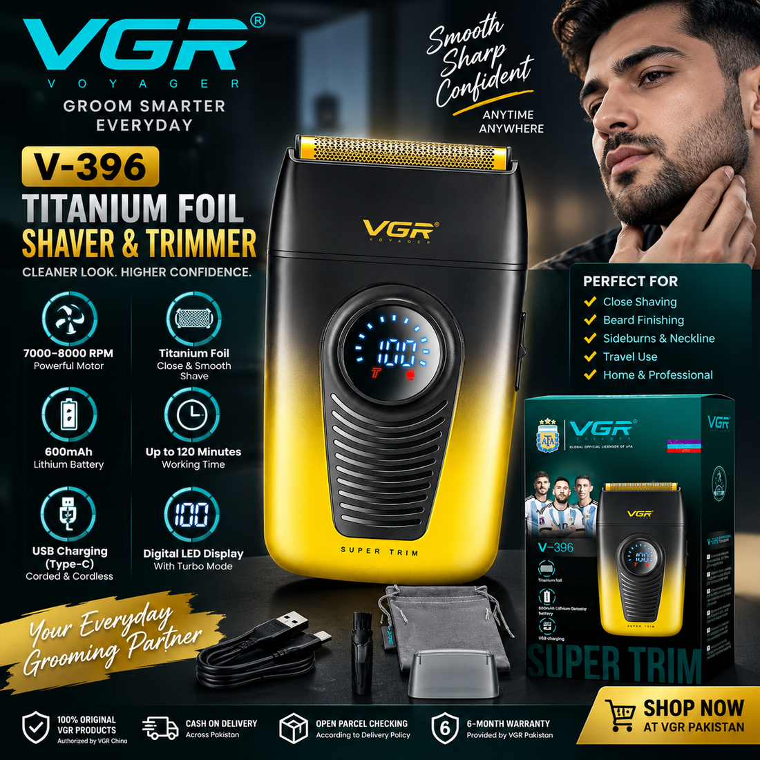 VGR V-396 titanium foil shaver and trimmer with 7000–8000 RPM motor, 600mAh battery and digital LED display in Pakistan