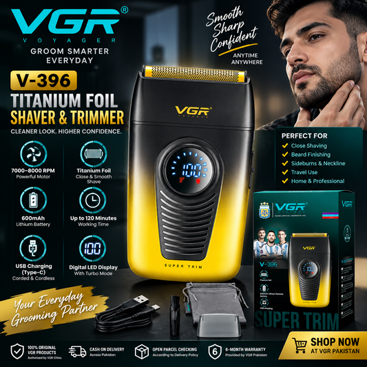 VGR V-396 titanium foil shaver and trimmer with 7000–8000 RPM motor, 600mAh battery and digital LED display in Pakistan