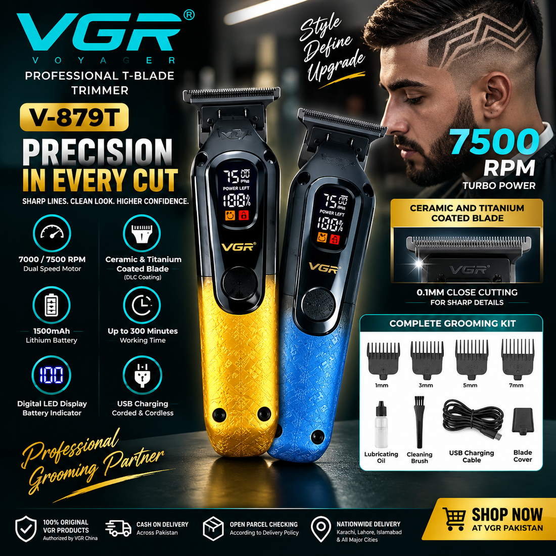 VGR V-879T professional T-blade trimmer with 7500 RPM motor, ceramic and titanium DLC-coated blade and 1500mAh battery in Pakistan