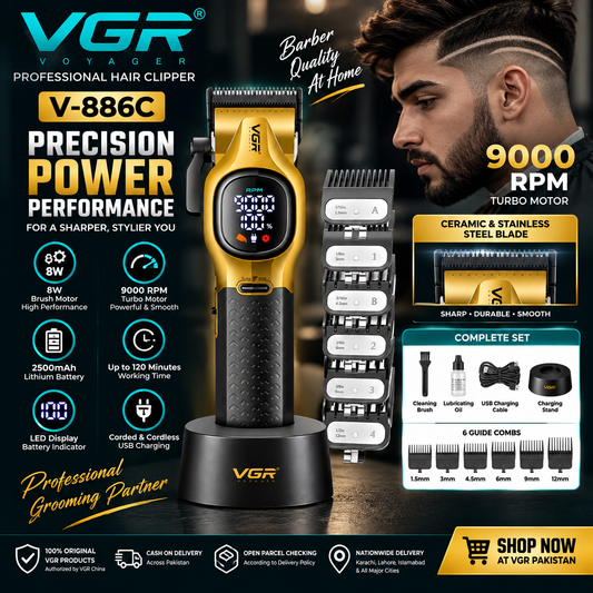 VGR V-886C professional hair clipper with 9000 RPM motor, ceramic stainless-steel blade and six guide combs in Pakistan