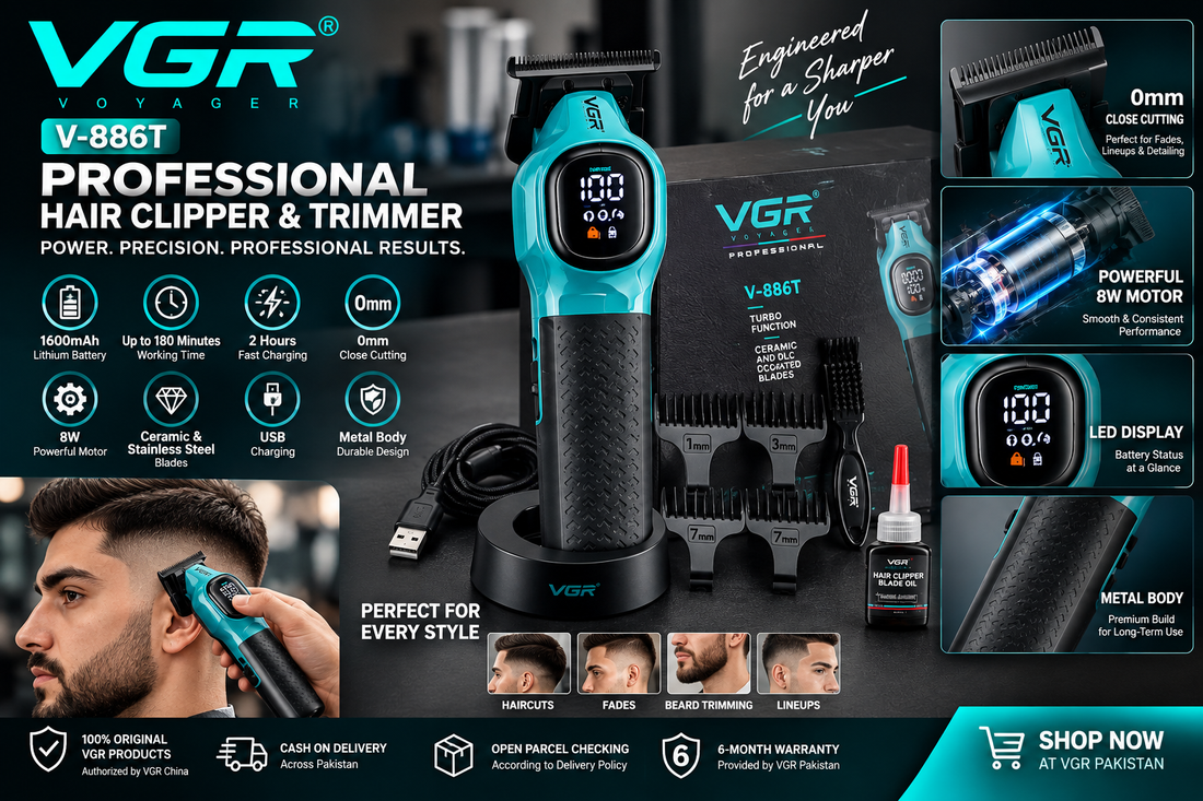VGR V-886T professional hair clipper and trimmer with 0mm close cutting, 1600mAh battery and 180-minute runtime in Pakistan