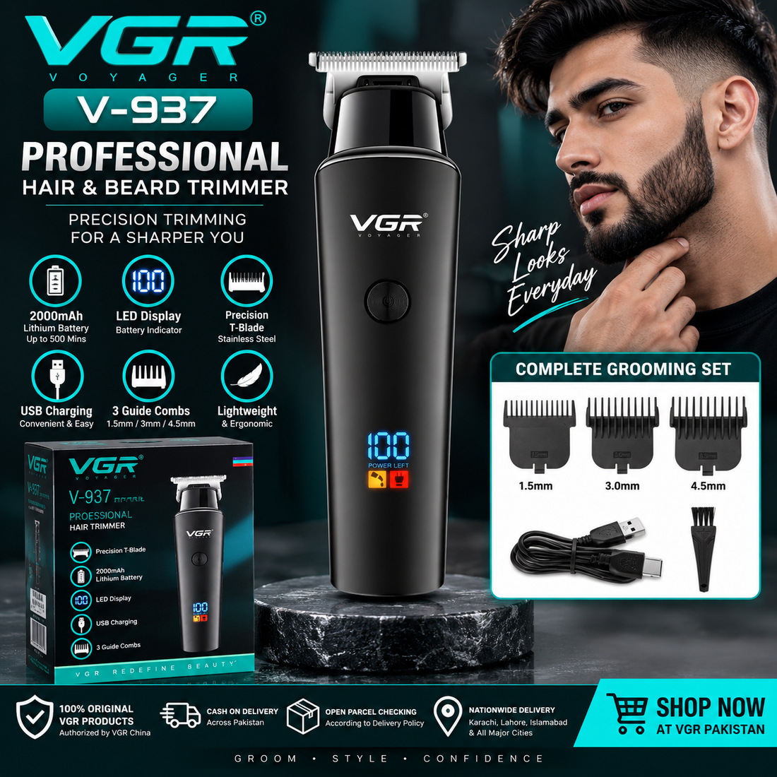 VGR V-937 professional hair and beard trimmer with 2000mAh battery, 500-minute runtime, T-blade and LED display in Pakistan