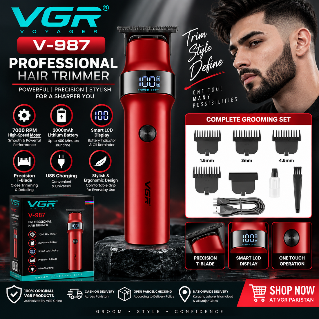 VGR V-987 professional hair and beard trimmer with 7000 RPM motor, 2000mAh battery, LCD display and guide combs in Pakistan