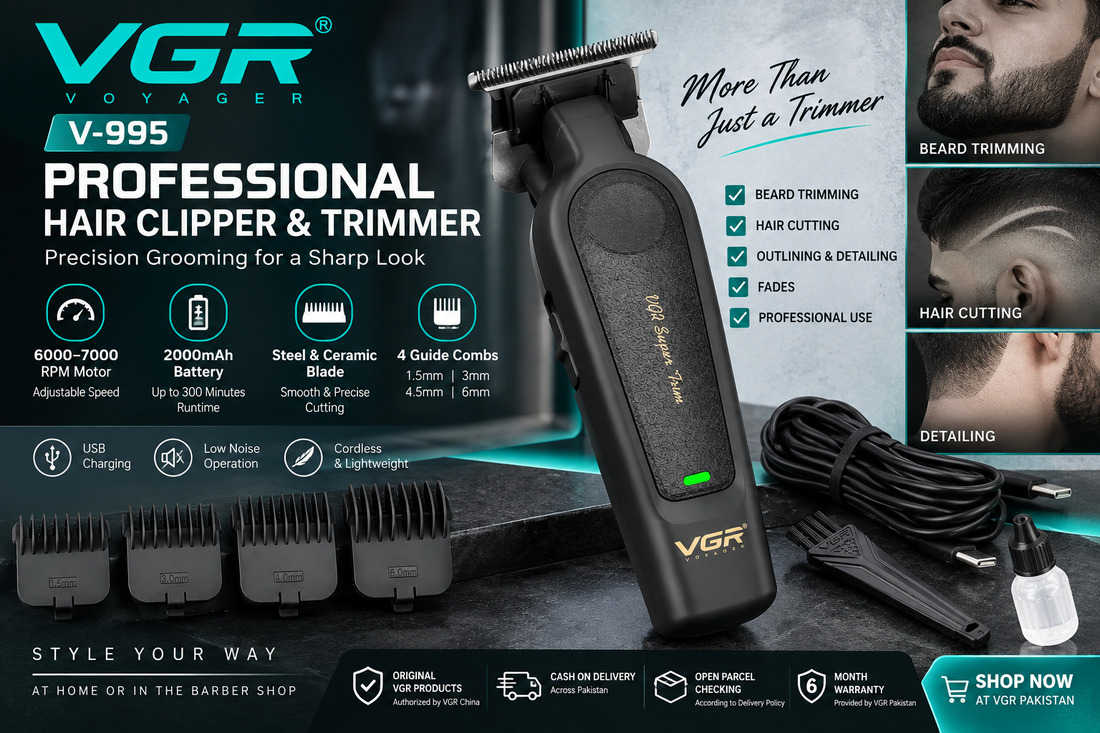 VGR V-995 professional hair clipper and trimmer with 6000–7000 RPM motor, 2000mAh battery and guide combs in Pakistan