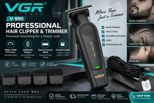 VGR V-995 professional hair clipper and trimmer with 6000–7000 RPM motor, 2000mAh battery and guide combs in Pakistan