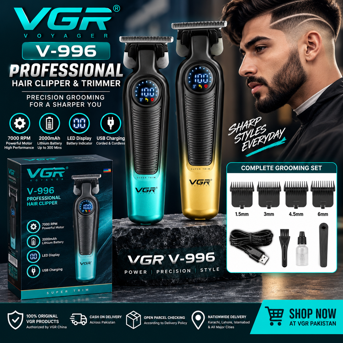 VGR V-996 professional hair clipper with 7000 RPM motor, DLC-coated ceramic blade, 2000mAh battery and LED display in Pakistan
