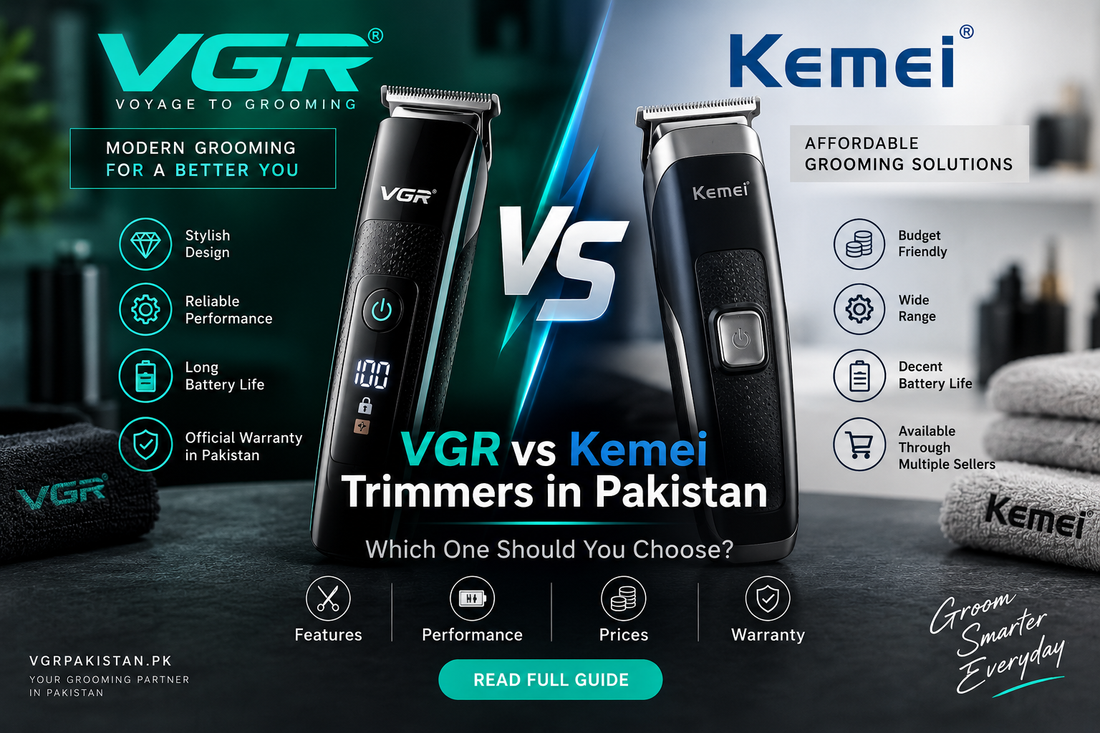 VGR vs Kemei trimmers in Pakistan comparison showing VGR and Kemei grooming machines, features, performance, price and warranty