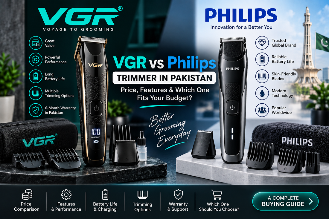 VGR vs Philips trimmer in Pakistan comparison showing grooming features, performance, battery life, price and warranty