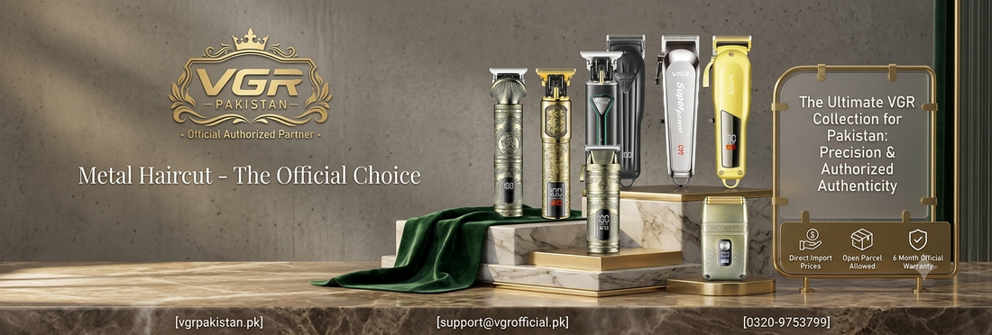 VGR Pakistan official grooming trimmers and clippers banner featuring direct import models with 6-month warranty and open parcel allowed policies