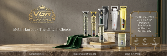 VGR Pakistan official grooming trimmers and clippers banner featuring direct import models with 6-month warranty and open parcel allowed policies