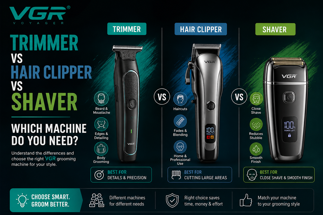 VGR trimmer vs hair clipper vs shaver comparison showing the best grooming machine for beard trimming, haircuts, and close shaving.