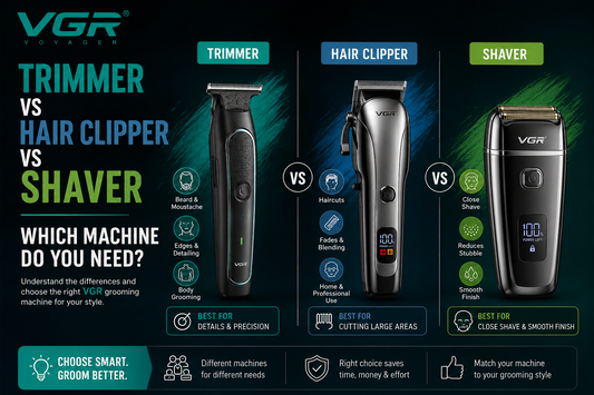 VGR trimmer vs hair clipper vs shaver comparison showing the best grooming machine for beard trimming, haircuts, and close shaving.