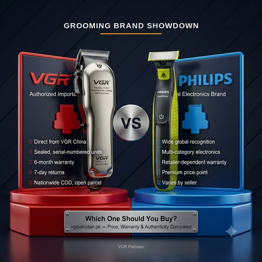 Side-by-side comparison graphic of VGR hair clipper and Philips shaver highlighting VGR Pakistan 6-month warranty, direct import authenticity, and price value.