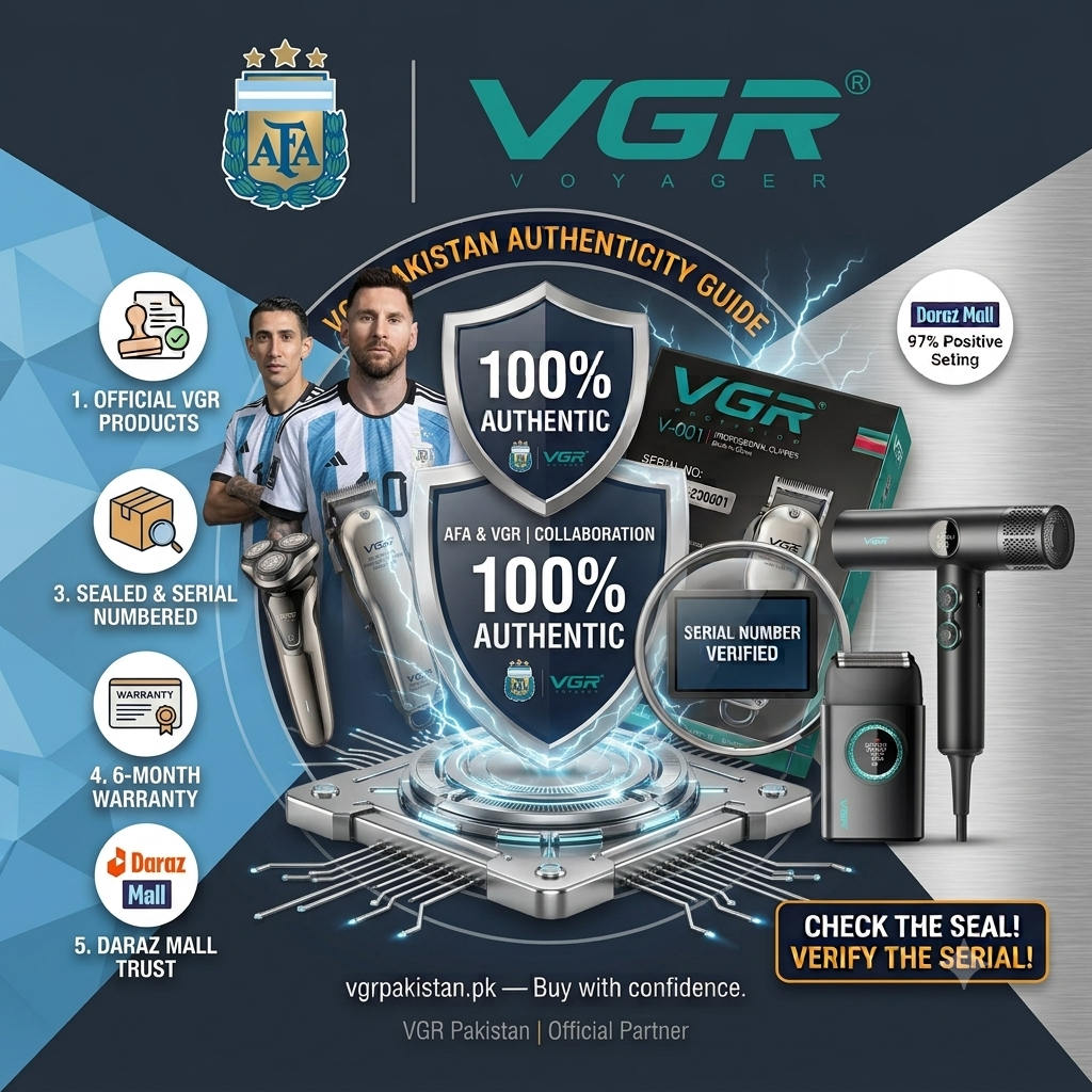 Official VGR and AFA Argentina grooming lineup banner featuring VGR hair clipper, shaver, and hairdryer with 100% authentic seal and 6-month warranty badge.