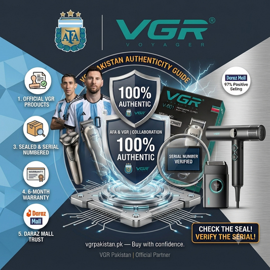 Official VGR and AFA Argentina grooming lineup banner featuring VGR hair clipper, shaver, and hairdryer with 100% authentic seal and 6-month warranty badge.