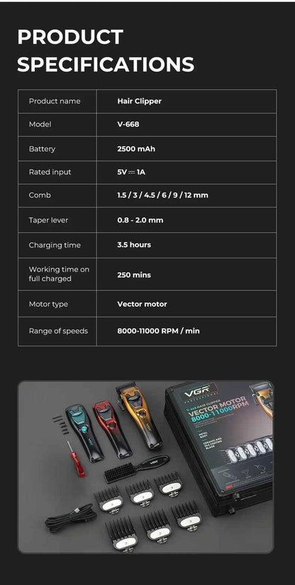 VGR v-668 Clipper Professional Trimmer Cordless Hair Cutting Machine Vector Motor Hair Clipper 11000 RPM Barber Clipper for Men V 668