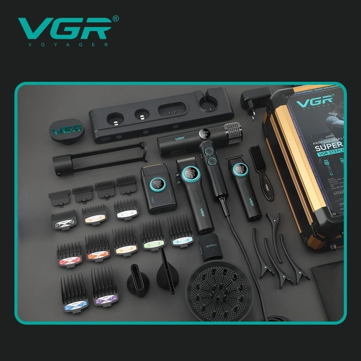 VGR Stepless Pro 4 IN 1 Cordless Hair Clippers Metal Hair Trimmer Electric Shaver Leafless Hair Dryer Professional Barber Combo