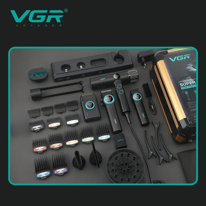 VGR Stepless Pro 4 IN 1 Cordless Hair Clippers Metal Hair Trimmer Electric Shaver Leafless Hair Dryer Professional Barber Combo