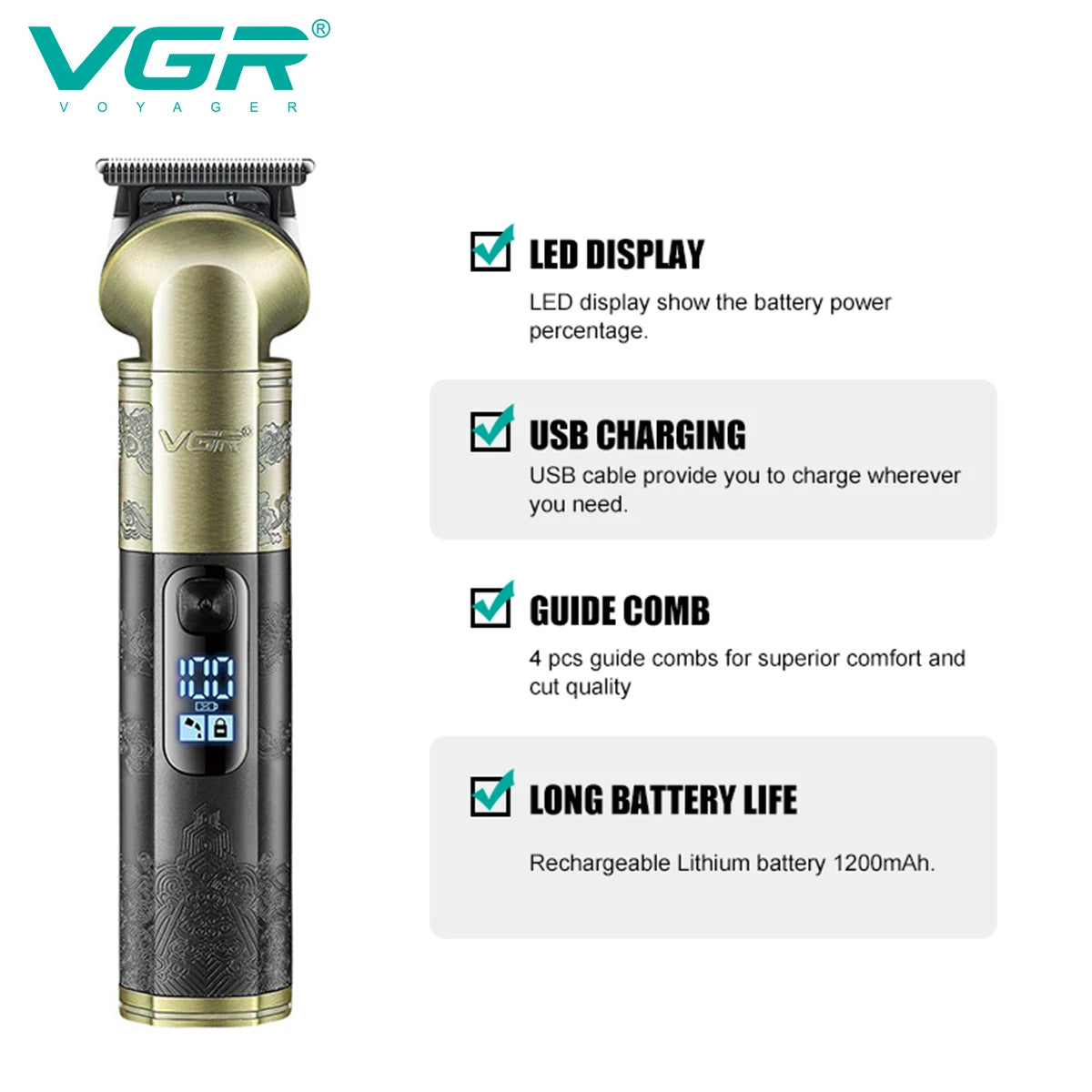 VGR V 296 Magnetic Motor Salon USB Hair Clipper Cordless Rechargeable Metal Carving Scissor Professional Men's Hair Clipper V-296