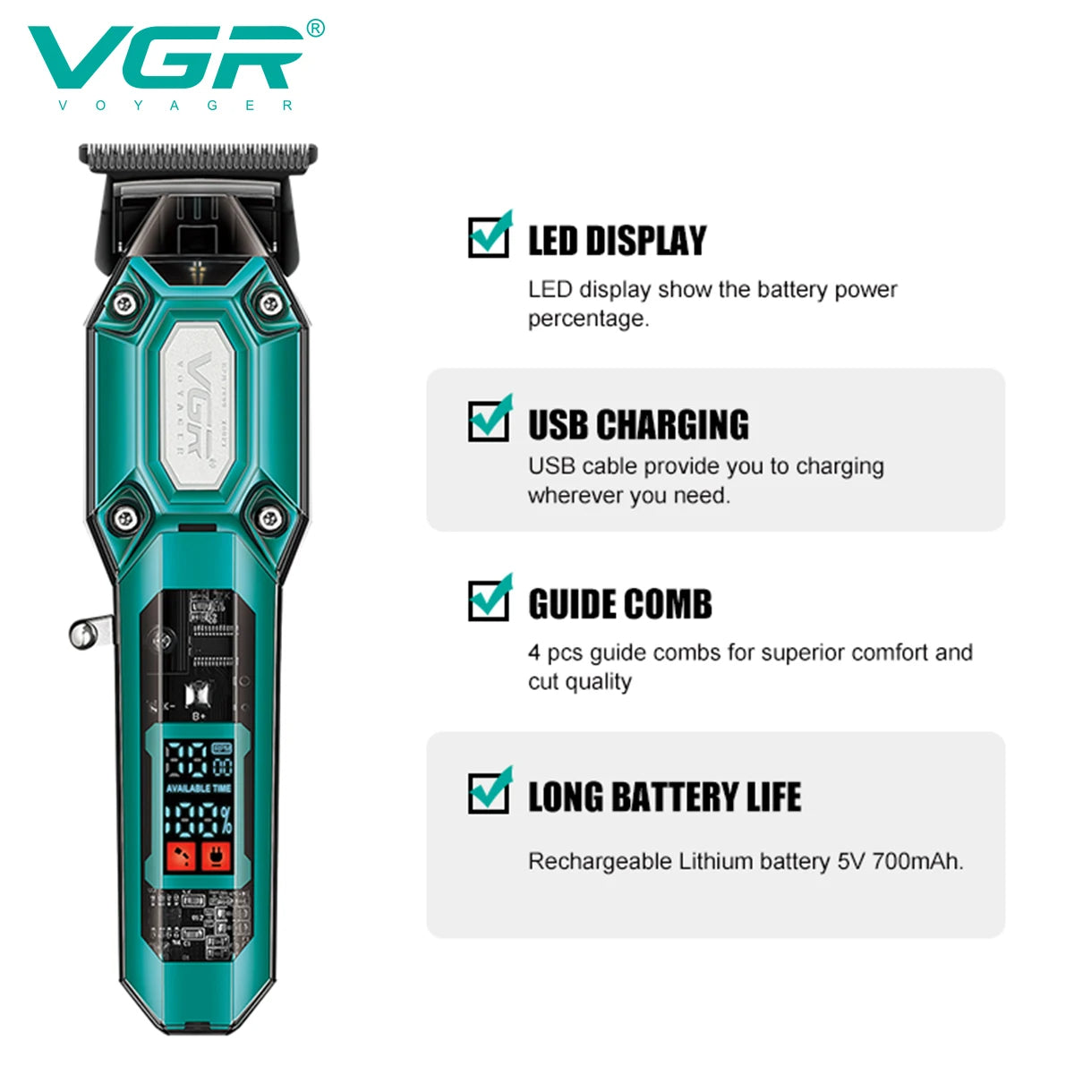 VGR v 900 T-shaped blade hair clipper cordless transparent body hair clipper electric rechargeable professional men's hair clipper v-900