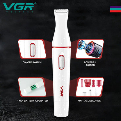 VGR v-725 Women 4 in 1 Waterproof Lady Shaver Rechargeable Mini Electric Nose and Ear Trimmer Facial Shaver Eyebrows Trimmer