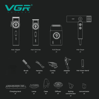 VGR Stepless Pro 4 IN 1 Cordless Hair Clippers Metal Hair Trimmer Electric Shaver Leafless Hair Dryer Professional Barber Combo