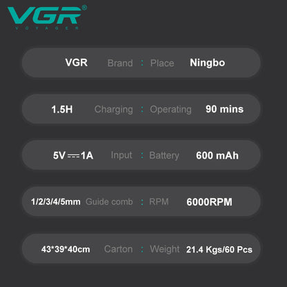 VGR V 253 Professional Hair Trimmer Barber Hair Clipper Electric Man Hair Cutting Adjustable Cordless LED Men's Hair Trimmer V-253