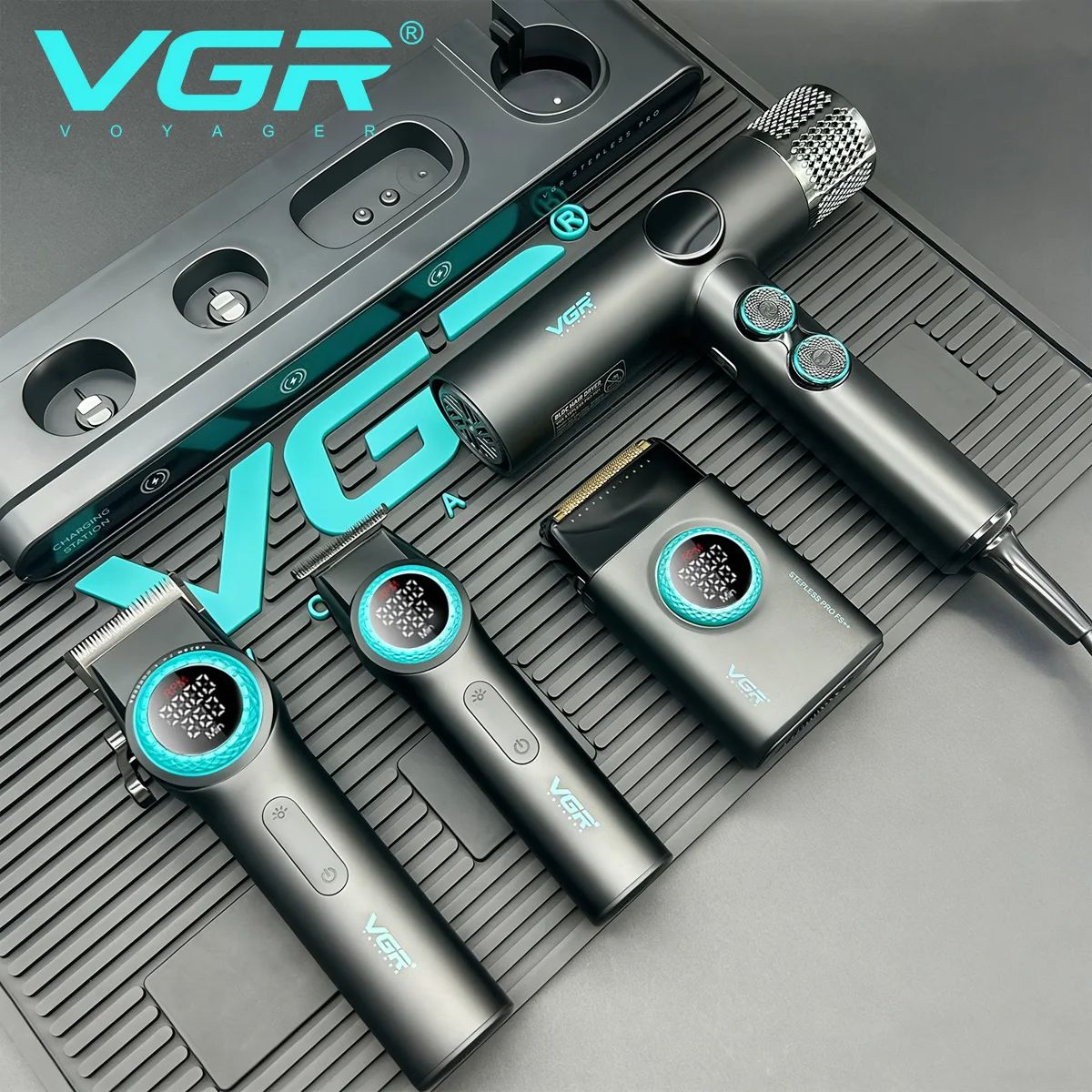 VGR Stepless Pro 4 IN 1 Cordless Hair Clippers Metal Hair Trimmer Electric Shaver Leafless Hair Dryer Professional Barber Combo