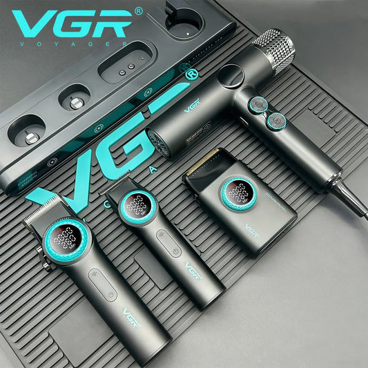 VGR Stepless Pro 4 IN 1 Cordless Hair Clippers Metal Hair Trimmer Electric Shaver Leafless Hair Dryer Professional Barber Combo