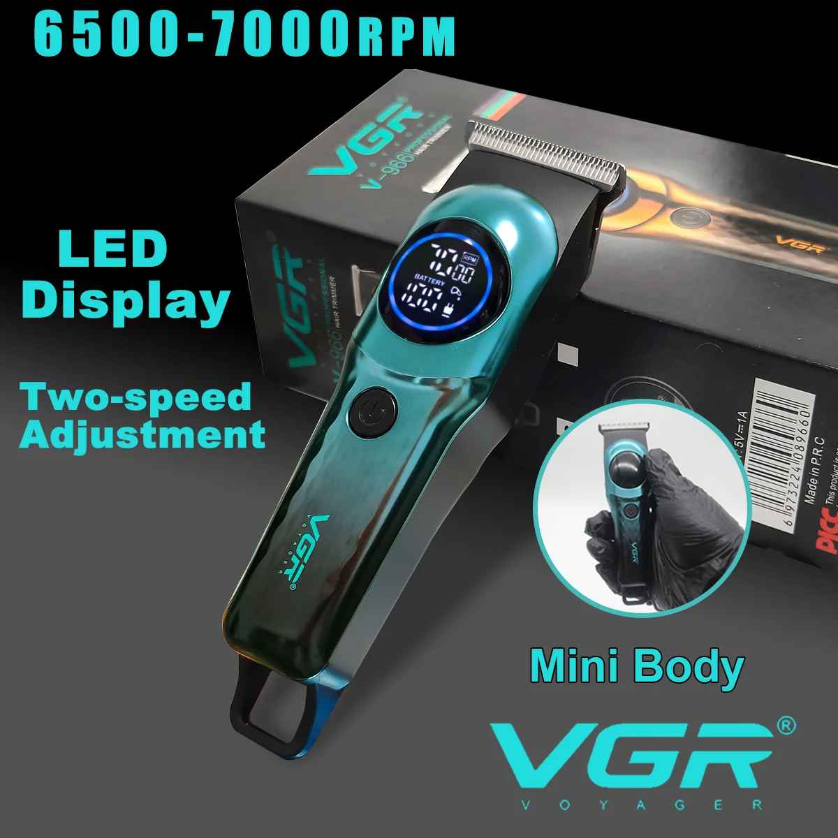 Men's Hair Clipper T-Blade 7000RPM 2 Speed Mini Body LCD Display Professional Hair Trimmer Barber Finishing Machine VGR V-966