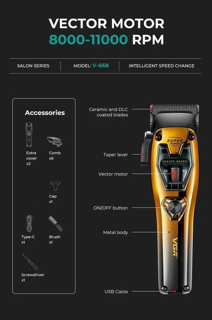 VGR v-668 Clipper Professional Trimmer Cordless Hair Cutting Machine Vector Motor Hair Clipper 11000 RPM Barber Clipper for Men V 668