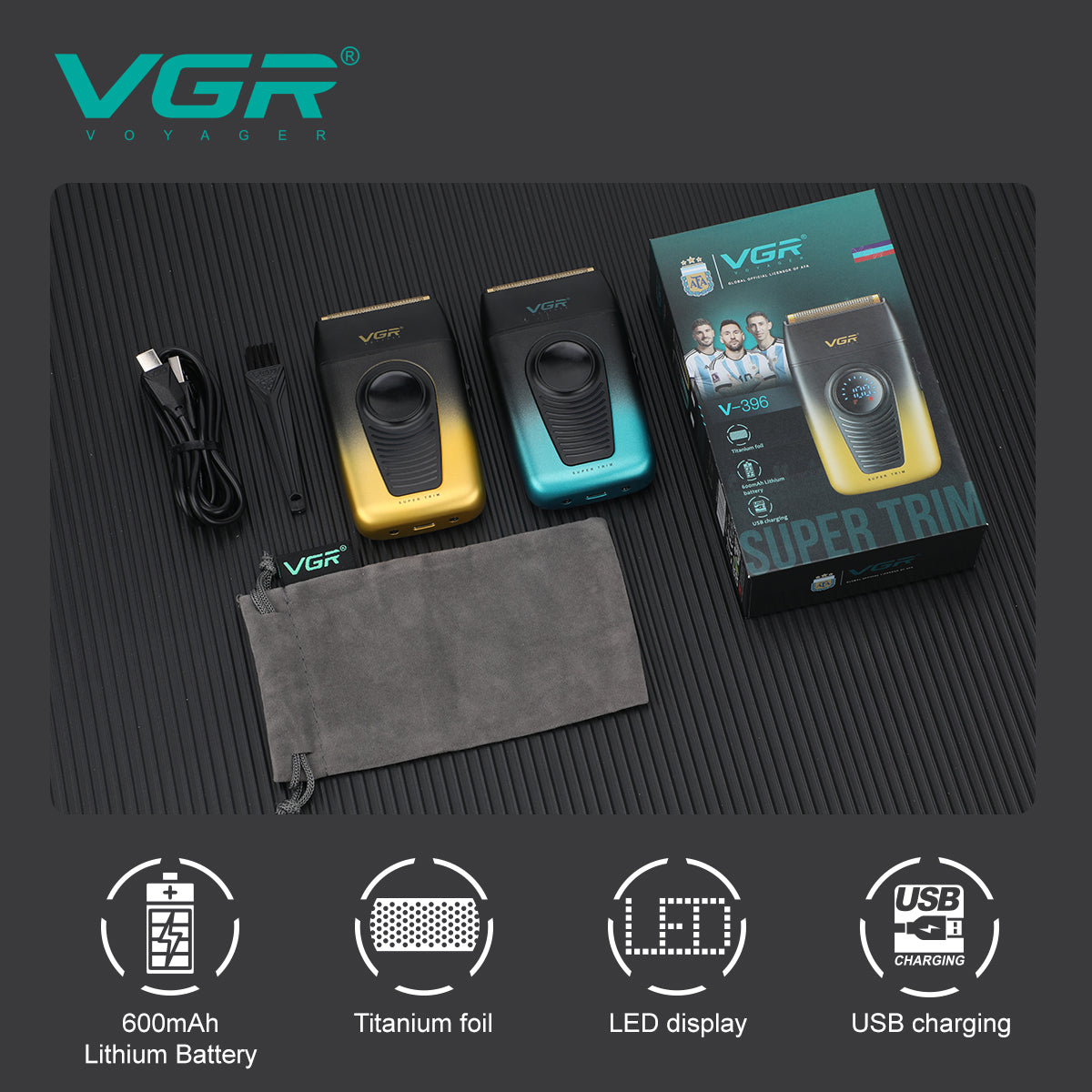 VGR V-396 electric titanium foil shaver bundle with travel pouch, USB-C charging cable, cleaning brush, and Argentina AFA edition packaging