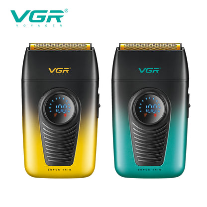 VGR V-396 professional single foil shavers in yellow-gold and teal gradient finishes featuring digital LED power displays