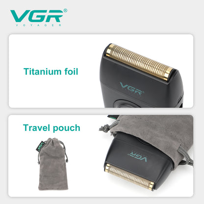 Close-up view of the VGR V-396 hypoallergenic titanium foil mesh head alongside its velvet travel drawstring pouch