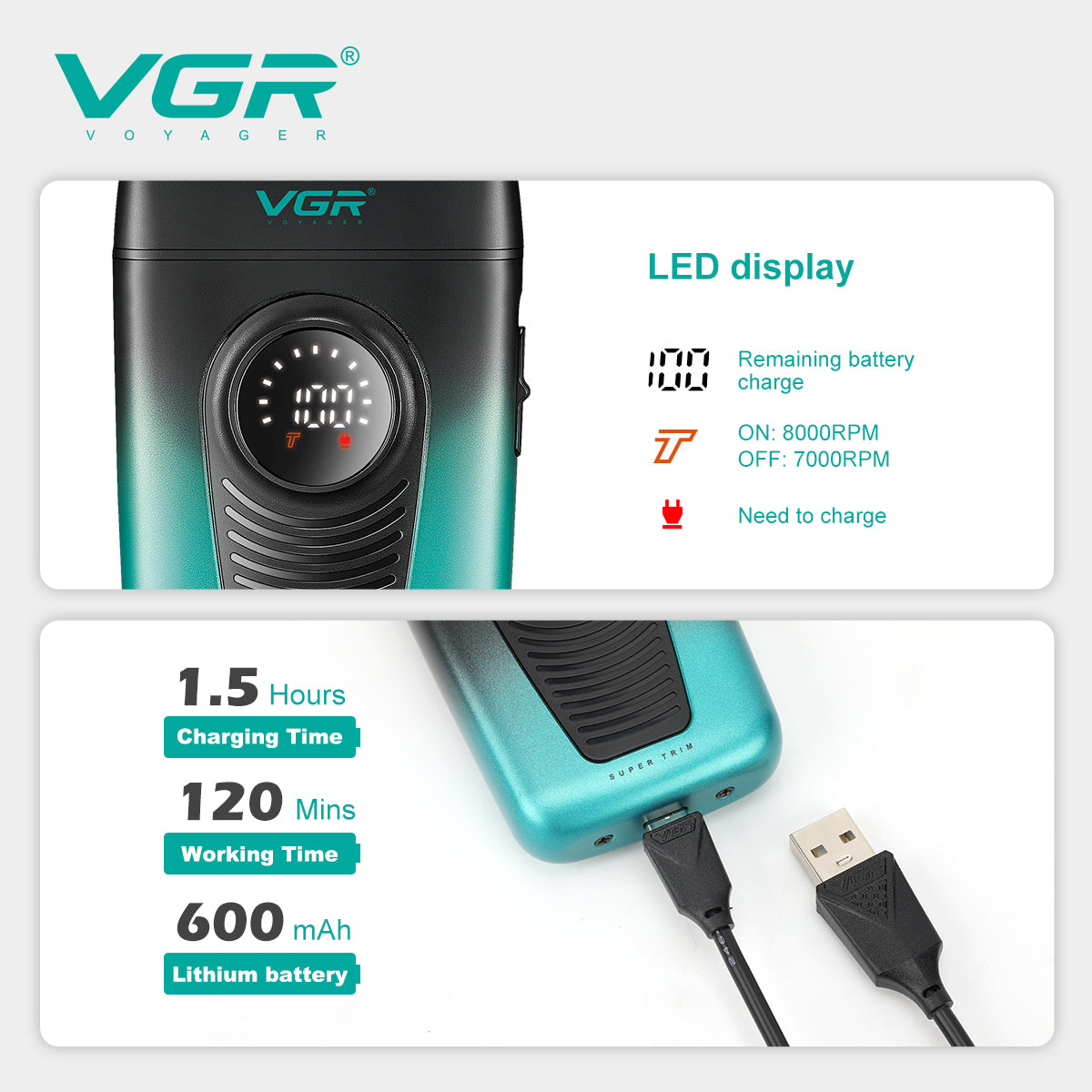 VGR V-396 digital LED screen showing 8000 RPM turbo mode and battery status above USB charging cord with 120-minute runtime specs