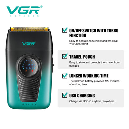VGR V-396 cordless electric shaver diagram detailing turbo speed function, travel bag, 600mAh battery, and USB-C port