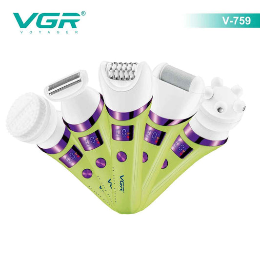 VGR V-759 5-in-1 electric epilator and grooming kit for women in lime green showing five interchangeable attachment heads.