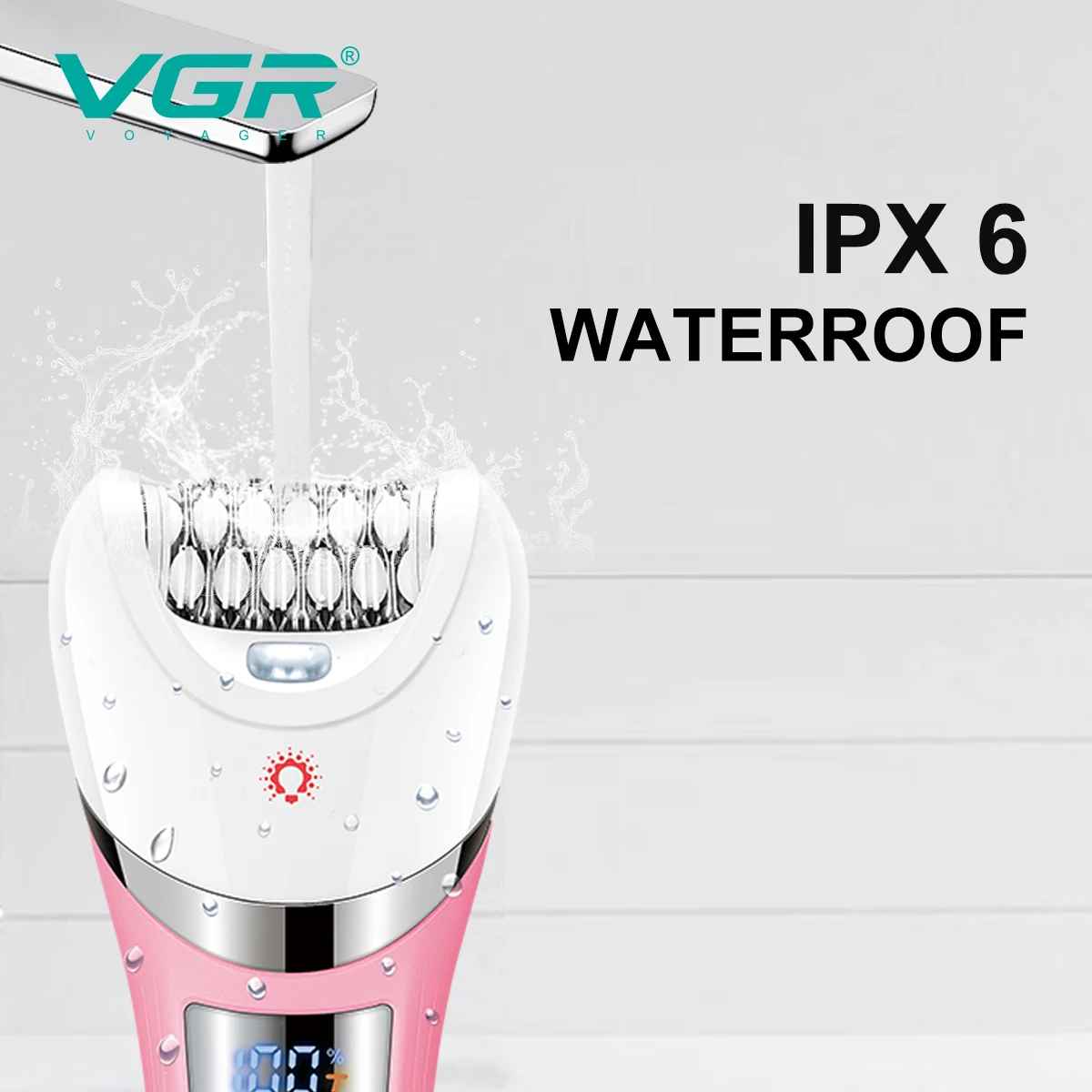 Close up of the VGR V-759 waterproof epilator head under running tap water demonstrating its IPX6 washable design.