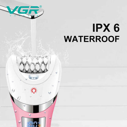 Close up of the VGR V-759 waterproof epilator head under running tap water demonstrating its IPX6 washable design.