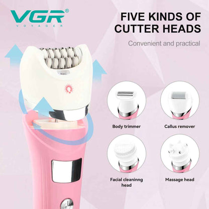 Infographic of the pink VGR V-759 lady shaver showing four cutter heads including body trimmer, callus remover, facial cleaning brush, and massage head.