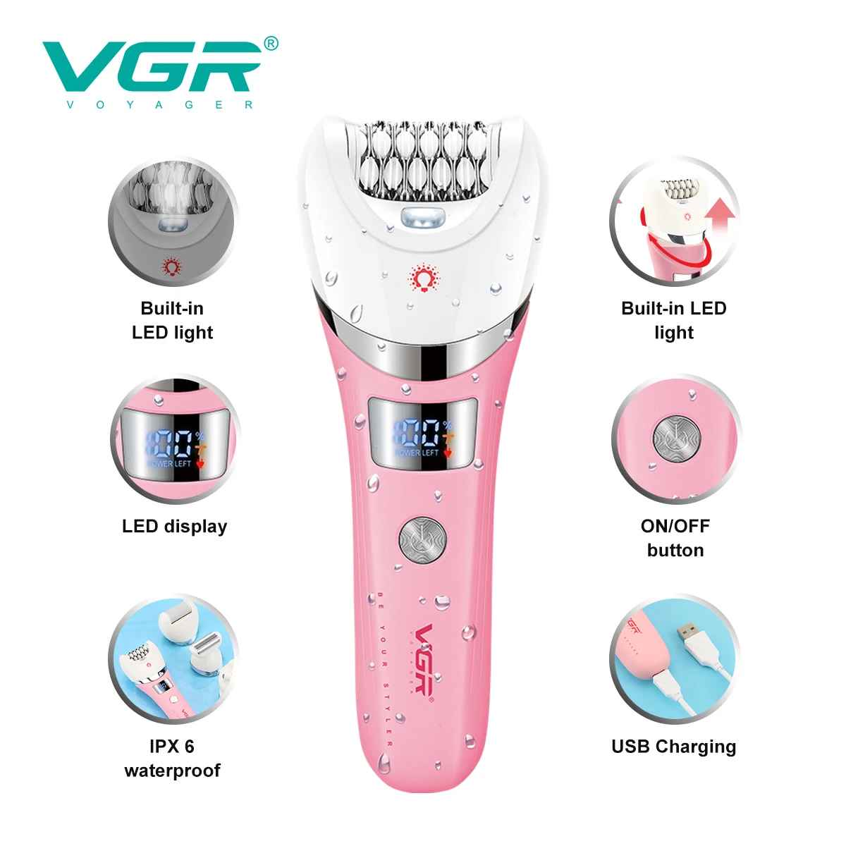 Main features diagram of the pink VGR V-759 hair removal device highlighting the built-in LED light, LED smart display, IPX6 waterproof body, and USB charging.